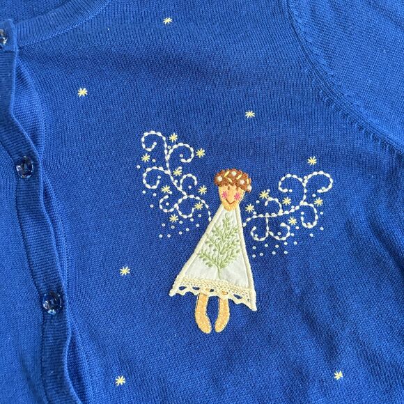 Quacker Factory Novelty Angel Christmas Cardigan Sweater Women's M Blue Fairy - Picture 4 of 9